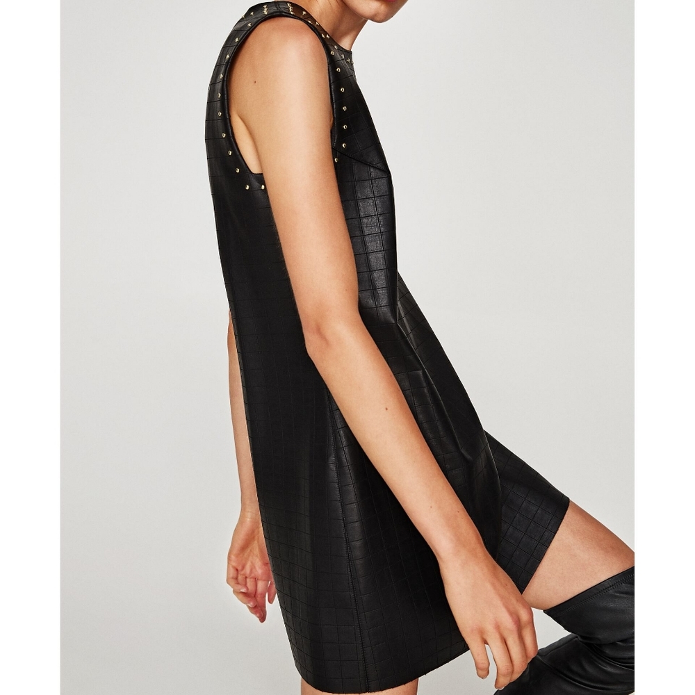Zara black studded embossed leather dress - Picture 2 of 7